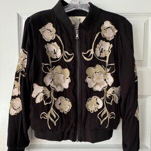 Women's Black Bomber Jacket, XS, Long Sleeve, Stand Collar, Zipper